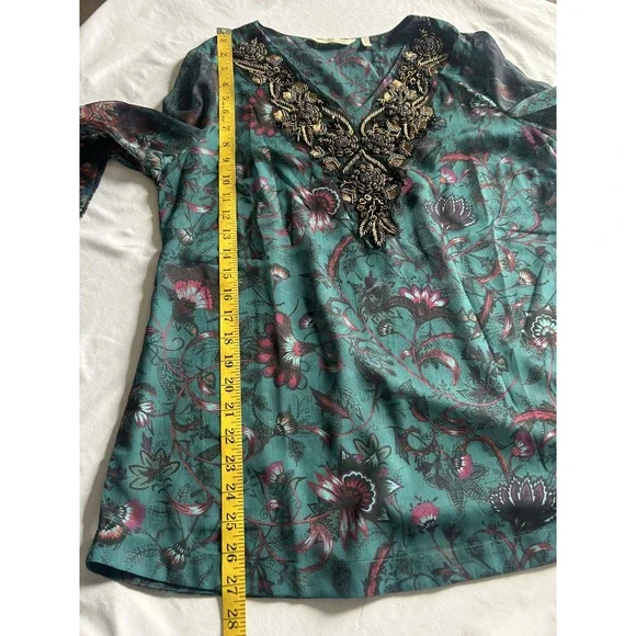 Soft Surroundings Paisley Heavily Beaded Blouse 2 Piece Womens Size Med Teal - Picture 11 of 12